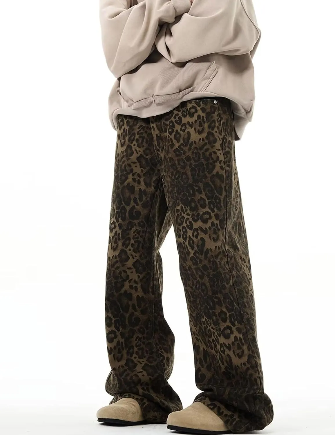 COOLMONAR Women's Y2K Leopard Print Jeans Chic Street Style Wide Leg Denim Pants Retro Hip Hop Loose Trouser