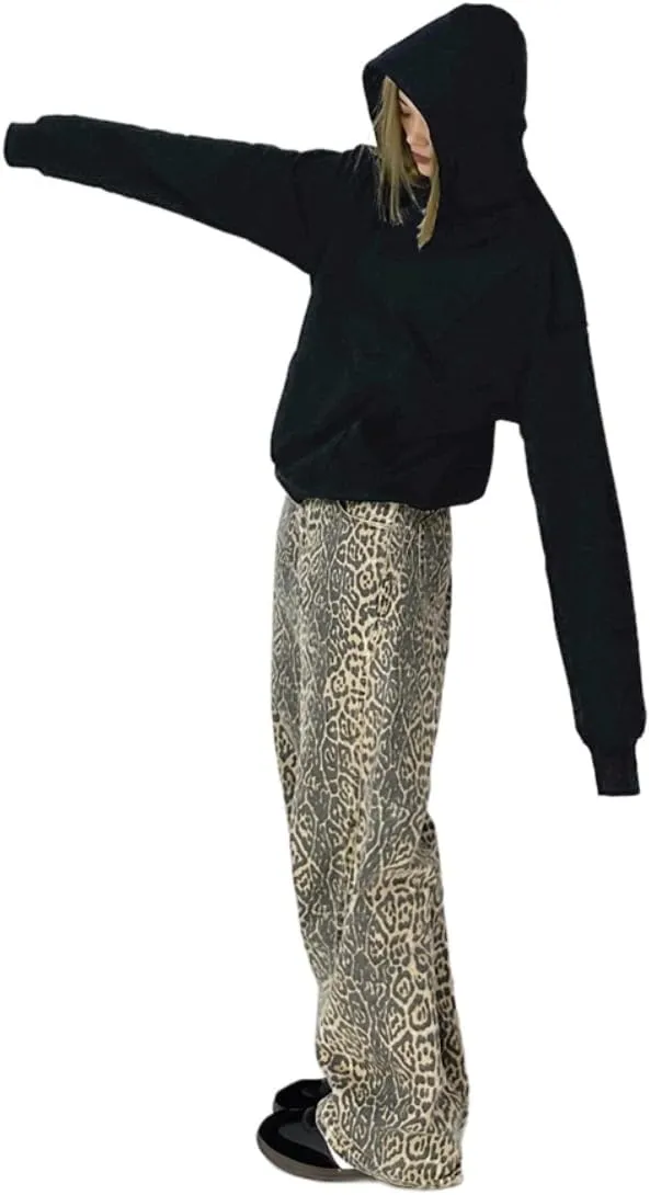 COOLMONAR Women's Y2K Leopard Print Jeans Chic Street Style Wide Leg Denim Pants Retro Hip Hop Loose Trouser