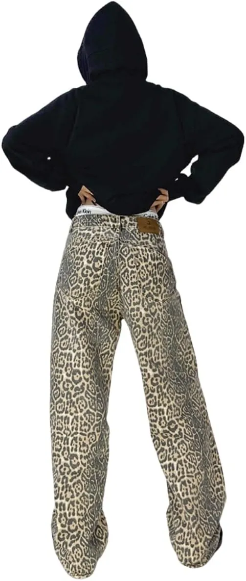 COOLMONAR Women's Y2K Leopard Print Jeans Chic Street Style Wide Leg Denim Pants Retro Hip Hop Loose Trouser