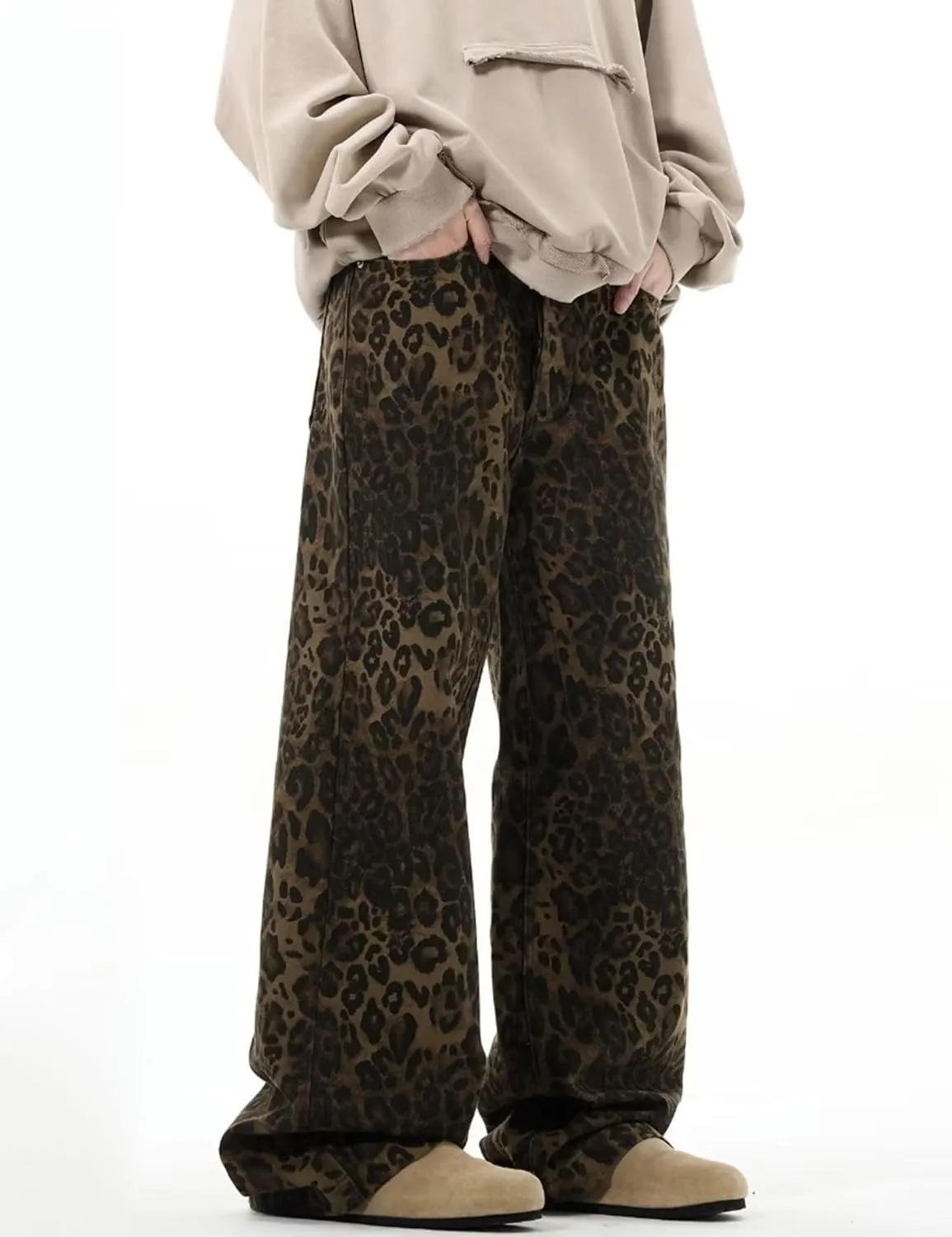 COOLMONAR Women's Y2K Leopard Print Jeans Chic Street Style Wide Leg Denim Pants Retro Hip Hop Loose Trouser