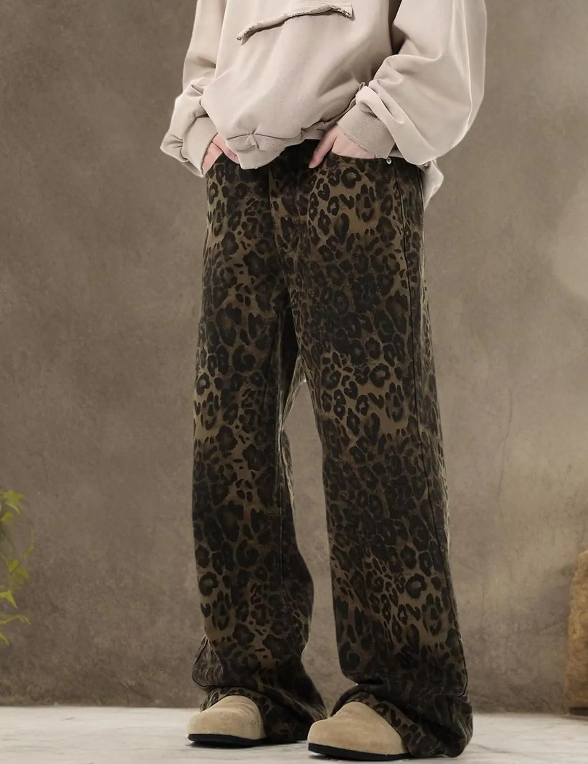 COOLMONAR Women's Y2K Leopard Print Jeans Chic Street Style Wide Leg Denim Pants Retro Hip Hop Loose Trouser