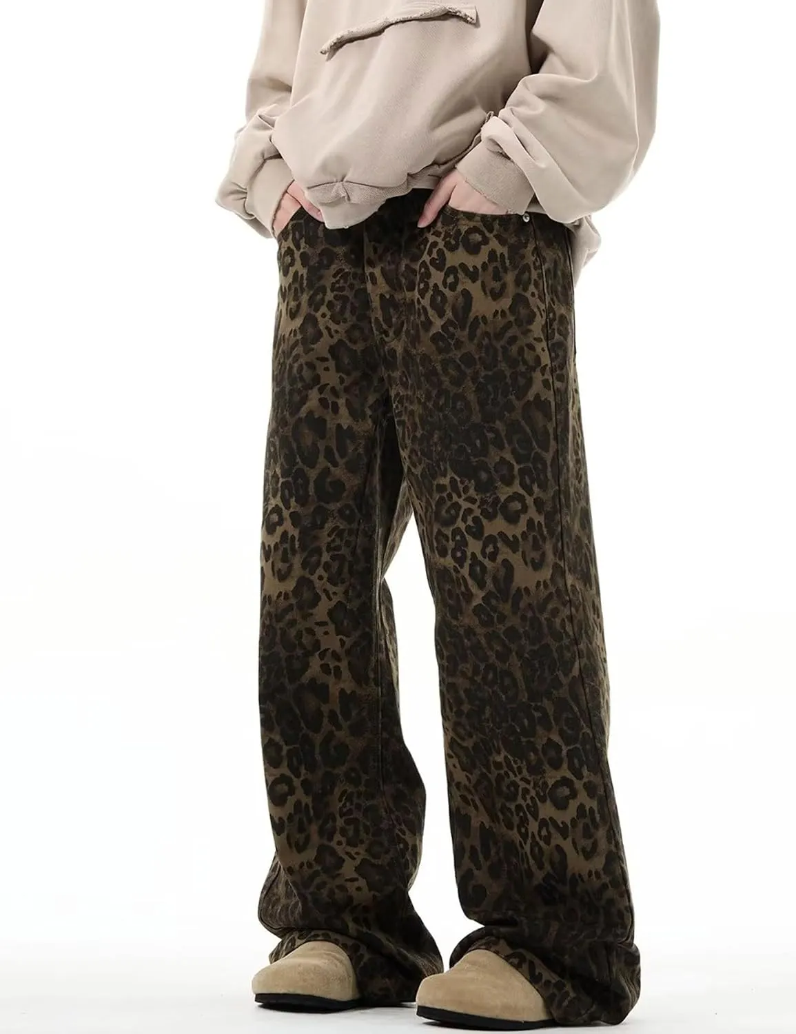 COOLMONAR Women's Y2K Leopard Print Jeans Chic Street Style Wide Leg Denim Pants Retro Hip Hop Loose Trouser