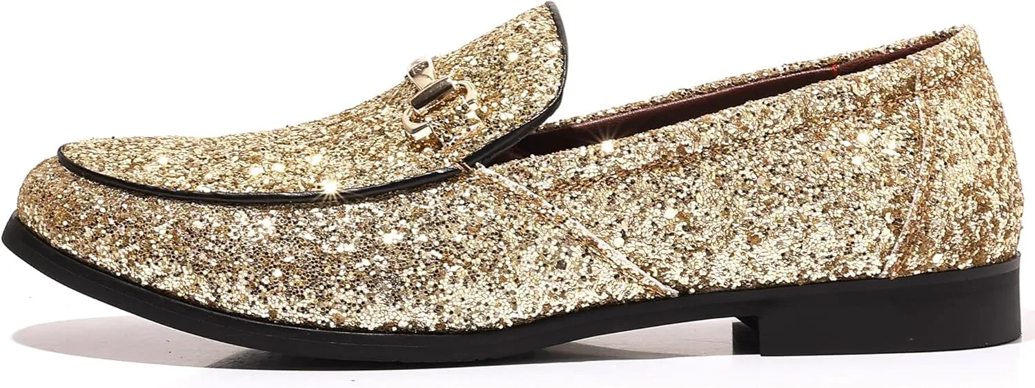 COSIDRAM Men's Glitter Dress Shoes Metallic Sequins Tuxedo Luxury Gold Buckle Loafers Slip-on Wedding Party Shoes
