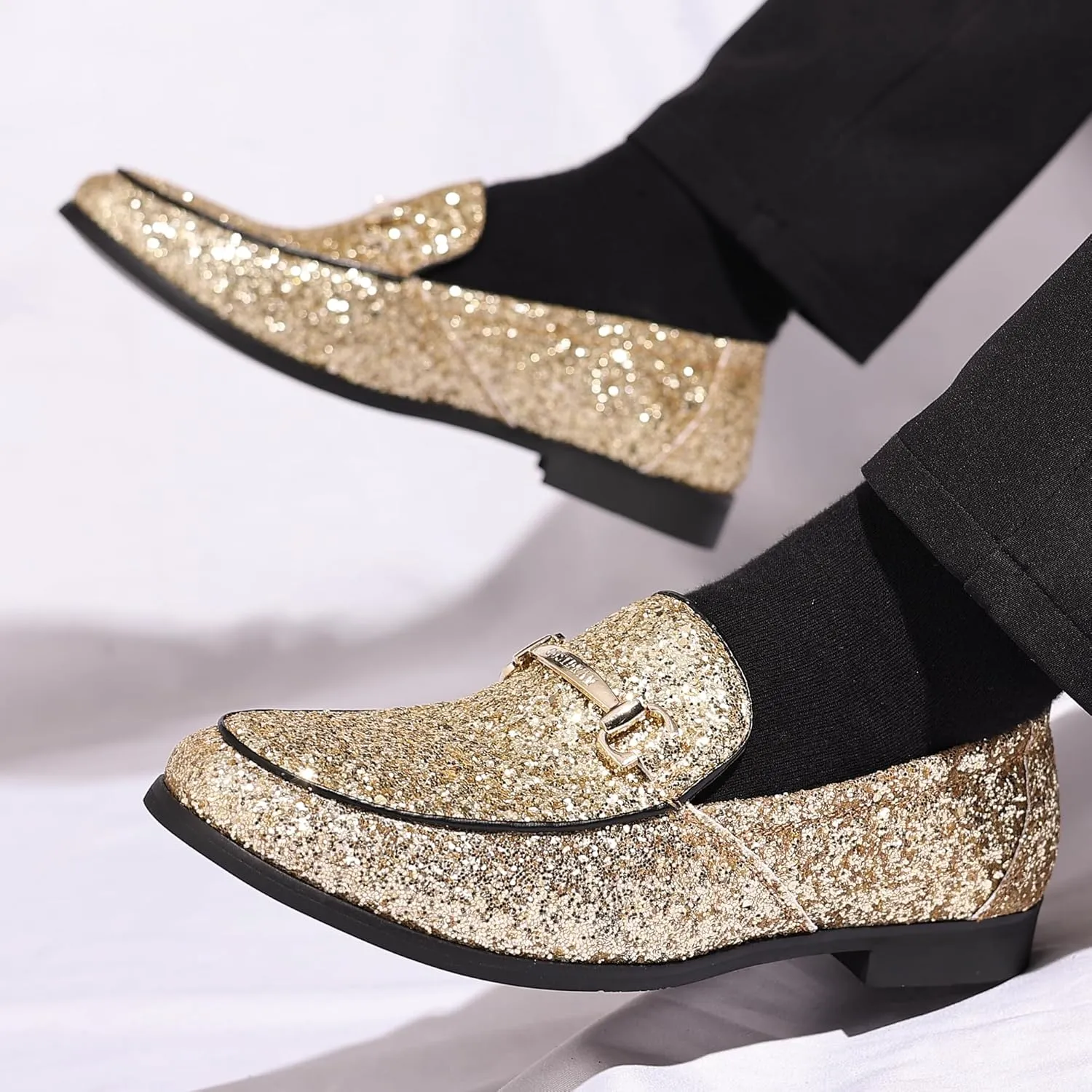 COSIDRAM Men's Glitter Dress Shoes Metallic Sequins Tuxedo Luxury Gold Buckle Loafers Slip-on Wedding Party Shoes