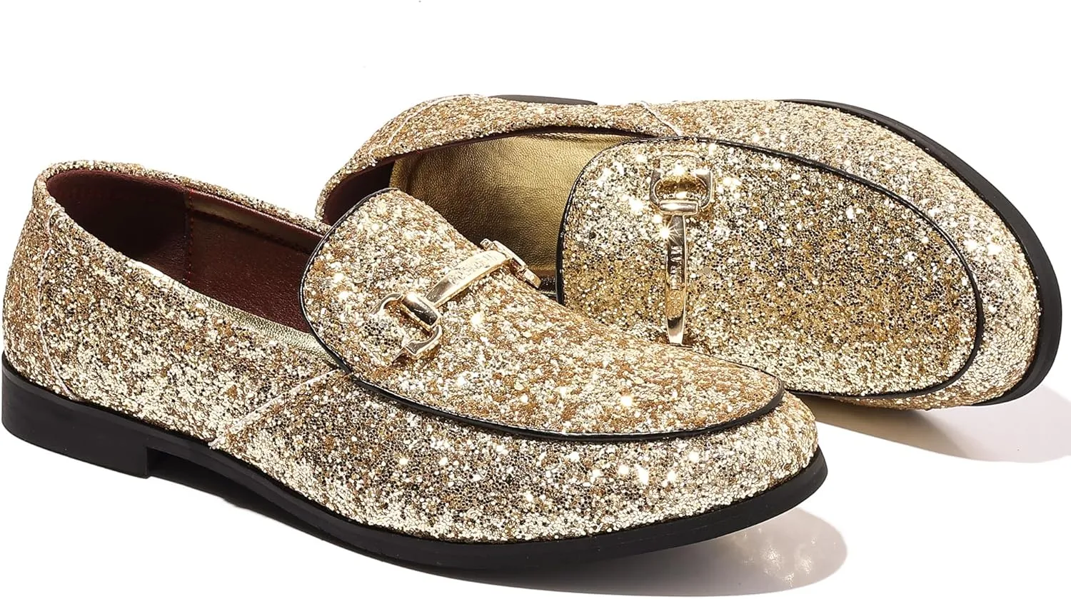 COSIDRAM Men's Glitter Dress Shoes Metallic Sequins Tuxedo Luxury Gold Buckle Loafers Slip-on Wedding Party Shoes