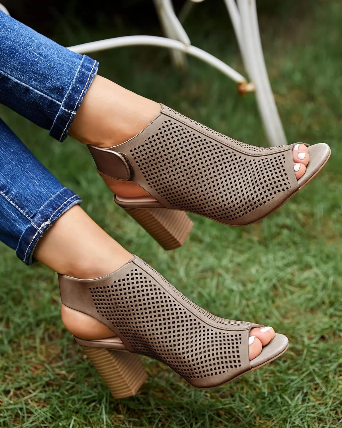 Coutgo Heels for Women Open Toe Boots Cutout Ankle Strap High Heel Chunky Block Sandals