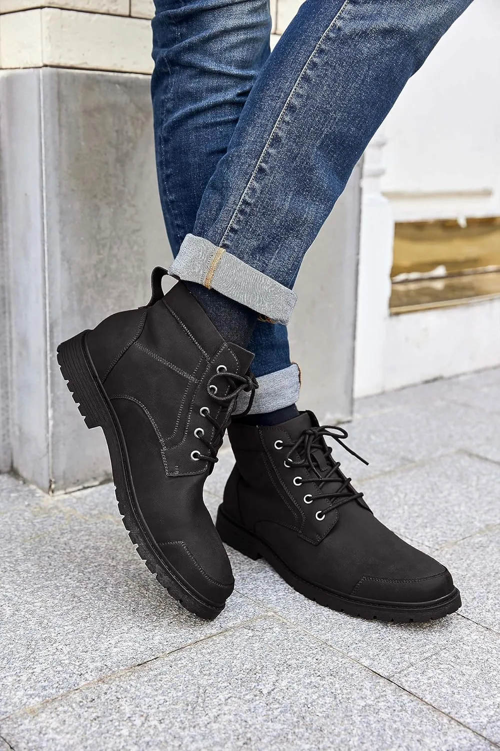 Coutgo Men's Chukka Boots Lace Up Motorcycle Boots Non-Slip Sole Work Waterproof Dress Ankle Boots