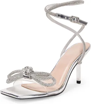 Coutgo Womens Rhinestone Bow Heels Sandals Strappy Lace Up Stiletto Satin Pumps Wedding Dress Shoes