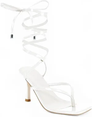 Coutgo Womens Strappy Thong Heels Sandals Sexy Lace up Wrap Ankle Strap Square Toe High Heeled Dress Summer Party Shoes