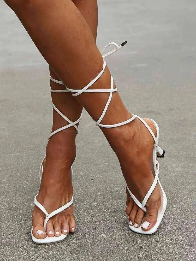 Coutgo Womens Strappy Thong Heels Sandals Sexy Lace up Wrap Ankle Strap Square Toe High Heeled Dress Summer Party Shoes