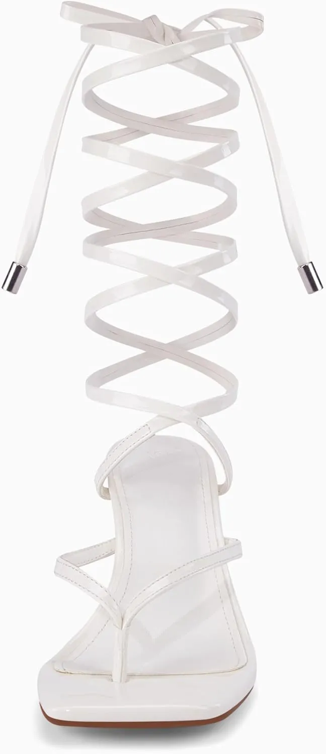 Coutgo Womens Strappy Thong Heels Sandals Sexy Lace up Wrap Ankle Strap Square Toe High Heeled Dress Summer Party Shoes