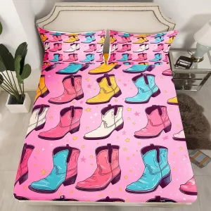Cowboy Boots for Woman Twin Fitted Sheet Colorful Cowgirl Boots Bed Sheets,Stars Glitter Decorations Bedding Western Themed Bed Set,Soft for Kids Boys Girls Bedroom Decor