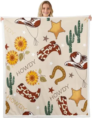 Cowboy Flannel Blanket for Kids,Western Boots Hats Texas Star Horseshoe Tribal Fleece Throw Blanket for Bedroom Sofa Dorm,Rustic Cowhide Desert Cactus Sunflower Beige Blanket,Baby (30 x 40 Inches)