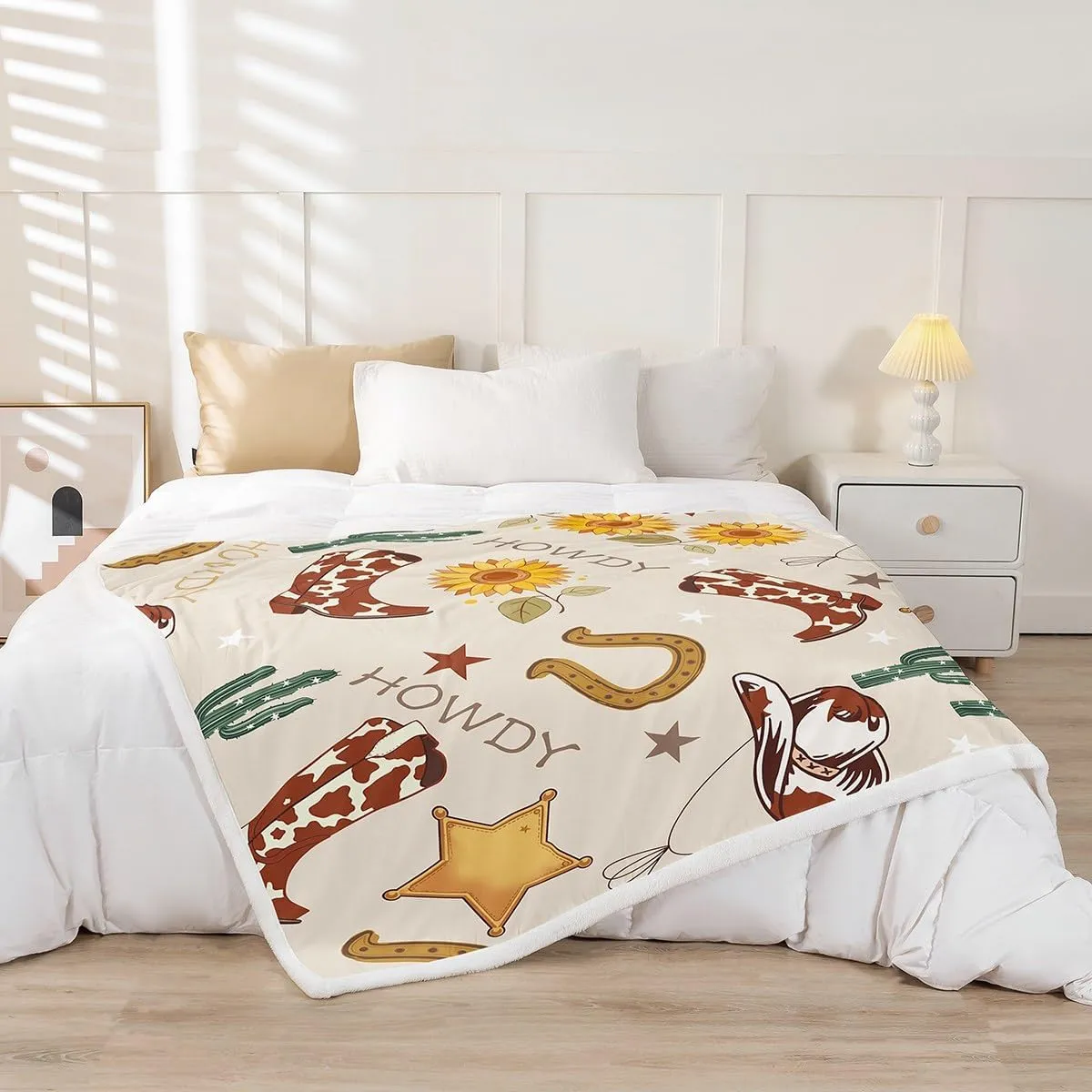 Cowboy Flannel Blanket for Kids,Western Boots Hats Texas Star Horseshoe Tribal Fleece Throw Blanket for Bedroom Sofa Dorm,Rustic Cowhide Desert Cactus Sunflower Beige Blanket,Baby (30 x 40 Inches)