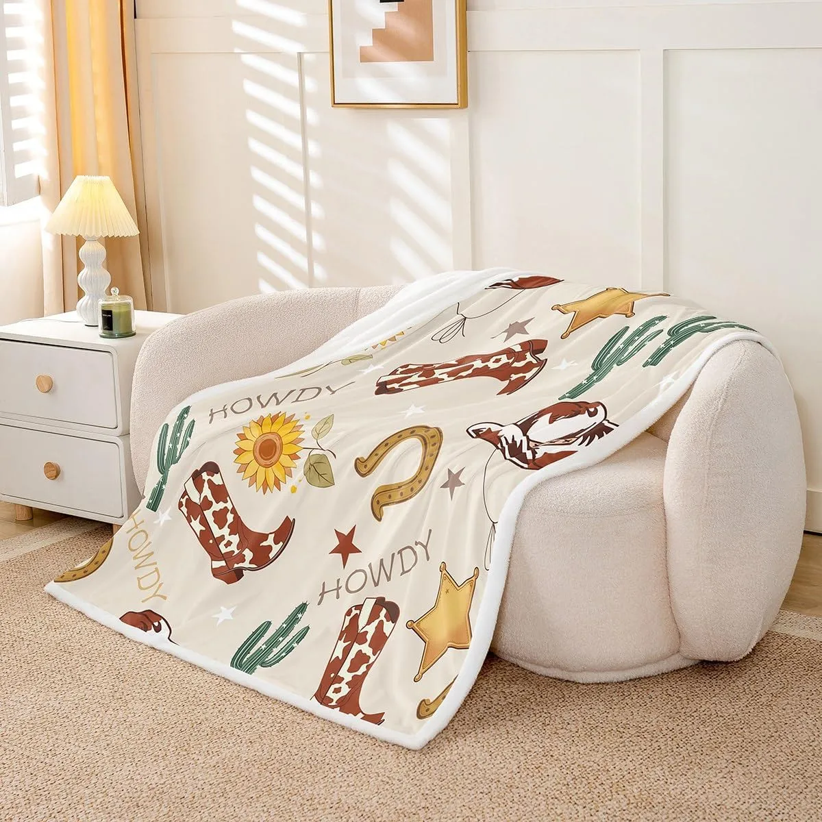 Cowboy Flannel Blanket for Kids,Western Boots Hats Texas Star Horseshoe Tribal Fleece Throw Blanket for Bedroom Sofa Dorm,Rustic Cowhide Desert Cactus Sunflower Beige Blanket,Baby (30 x 40 Inches)