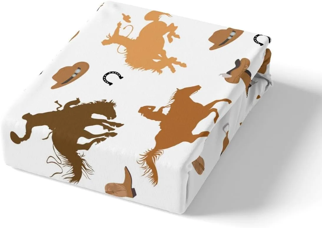 Cowboy Horses Full Size Fitted Sheet,Western Horseshoes Hat Boots Print Soft Luxury Bedding Set,Wild Animal Silhouette Southwest Bed Cover All Round Elastic Pocket with 2 Pillowcases