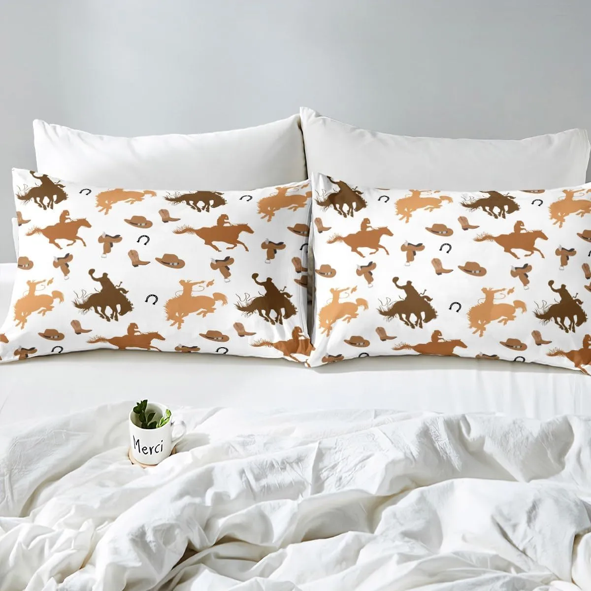 Cowboy Horses Full Size Fitted Sheet,Western Horseshoes Hat Boots Print Soft Luxury Bedding Set,Wild Animal Silhouette Southwest Bed Cover All Round Elastic Pocket with 2 Pillowcases