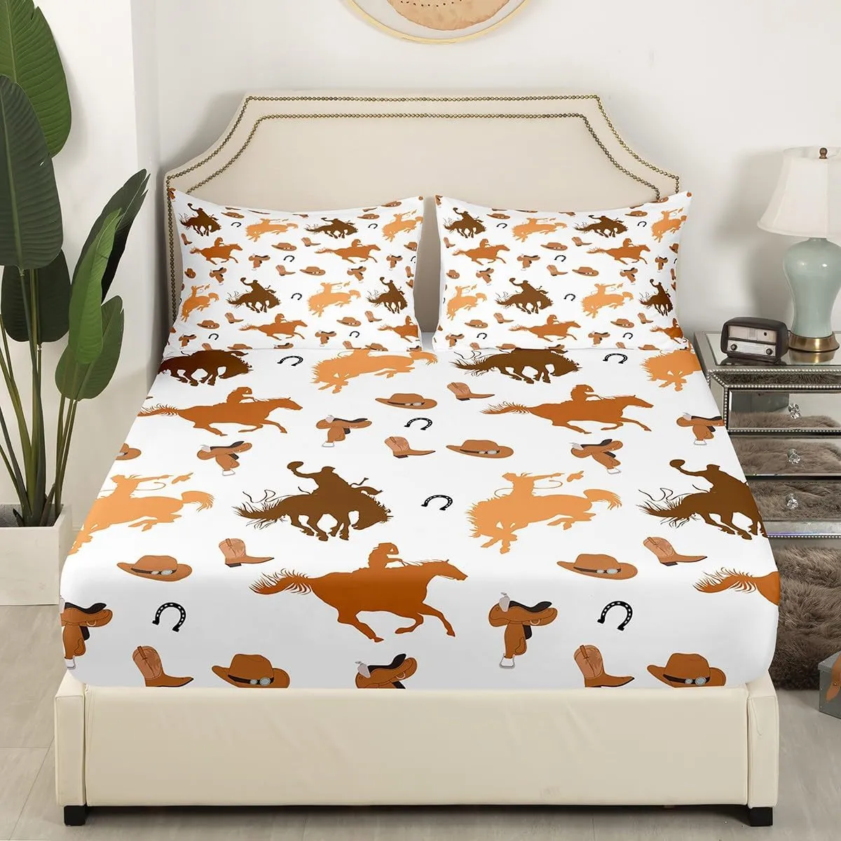 Cowboy Horses Full Size Fitted Sheet,Western Horseshoes Hat Boots Print Soft Luxury Bedding Set,Wild Animal Silhouette Southwest Bed Cover All Round Elastic Pocket with 2 Pillowcases