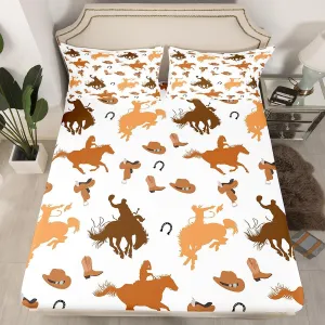 Cowboy Horses Full Size Fitted Sheet,Western Horseshoes Hat Boots Print Soft Luxury Bedding Set,Wild Animal Silhouette Southwest Bed Cover All Round Elastic Pocket with 2 Pillowcases
