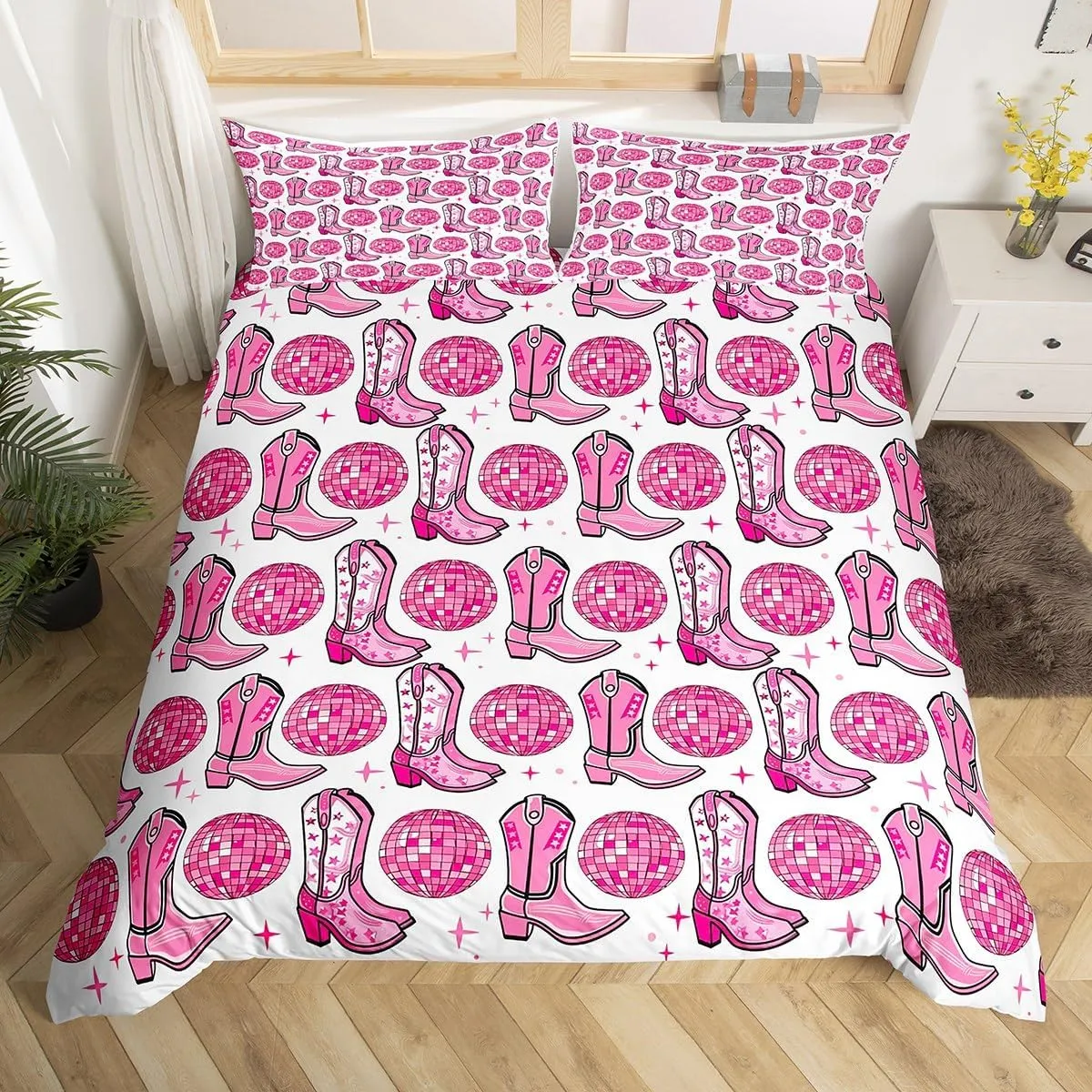 Cowgirl Boots Duvet Cover Set Full Size,Disco Theme Light Ball Print Reversible Quilt Cover with 2 Pillowcases,Pink Shiny Stars Southwest White Breathable Bedding Set (NO Comforter), Soft