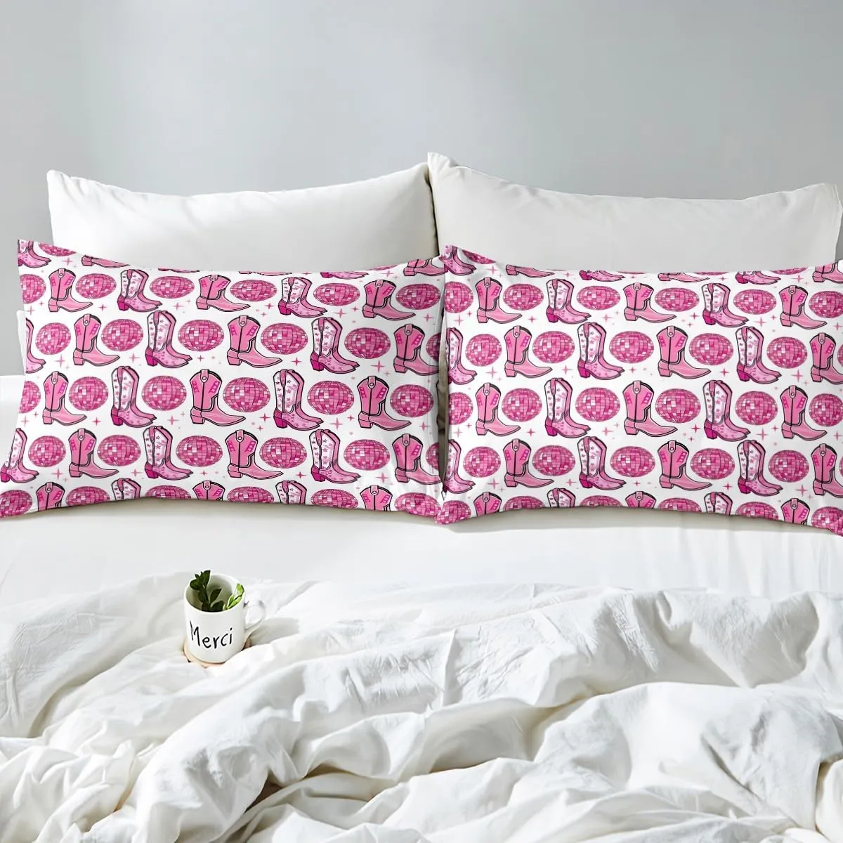 Cowgirl Boots Duvet Cover Set Full Size,Disco Theme Light Ball Print Reversible Quilt Cover with 2 Pillowcases,Pink Shiny Stars Southwest White Breathable Bedding Set (NO Comforter), Soft