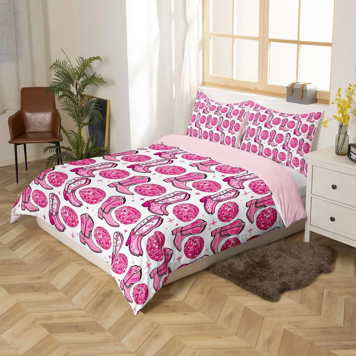 Cowgirl Boots Duvet Cover Set Full Size,Disco Theme Light Ball Print Reversible Quilt Cover with 2 Pillowcases,Pink Shiny Stars Southwest White Breathable Bedding Set (NO Comforter), Soft