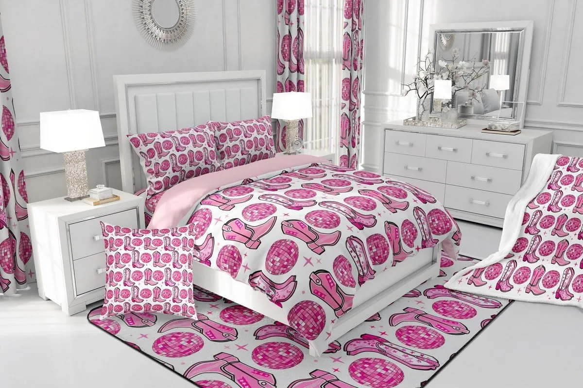 Cowgirl Boots Duvet Cover Set Full Size,Disco Theme Light Ball Print Reversible Quilt Cover with 2 Pillowcases,Pink Shiny Stars Southwest White Breathable Bedding Set (NO Comforter), Soft