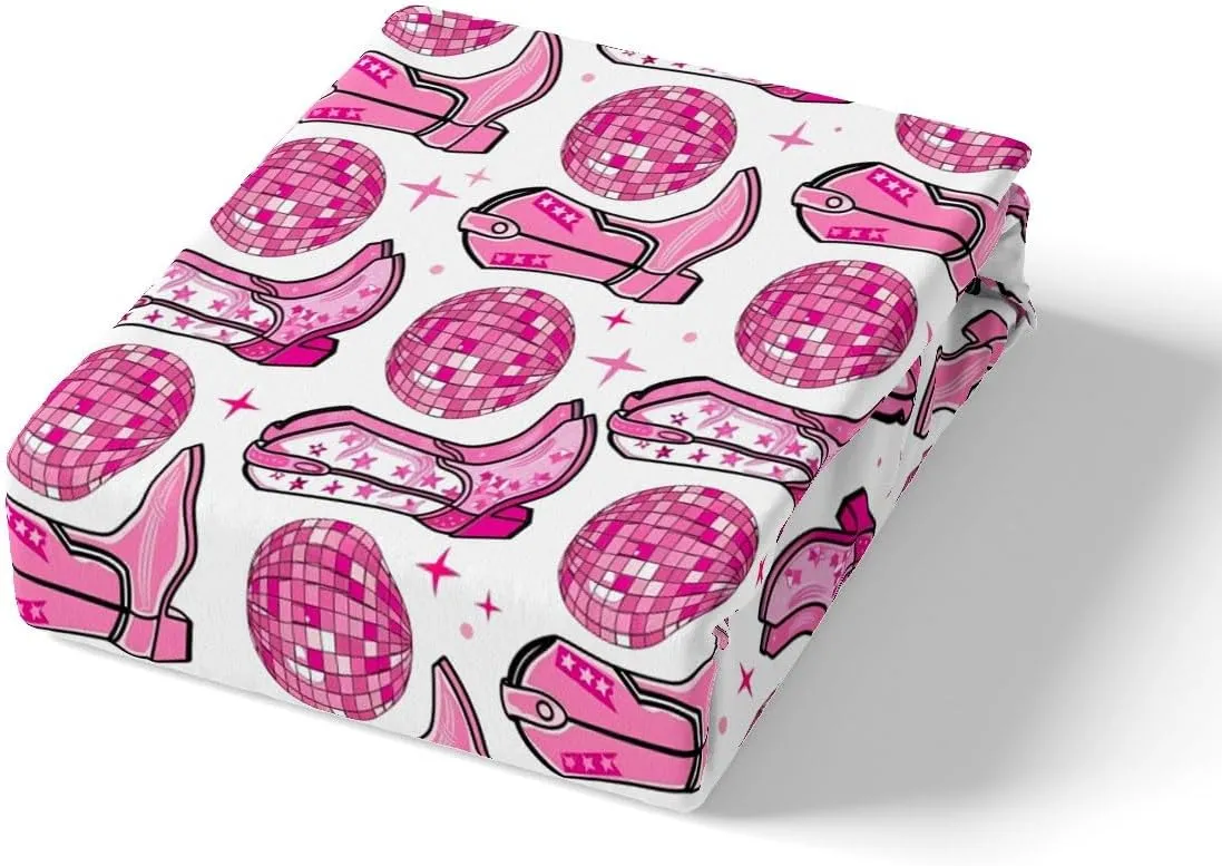 Cowgirl Boots Duvet Cover Set Full Size,Disco Theme Light Ball Print Reversible Quilt Cover with 2 Pillowcases,Pink Shiny Stars Southwest White Breathable Bedding Set (NO Comforter), Soft