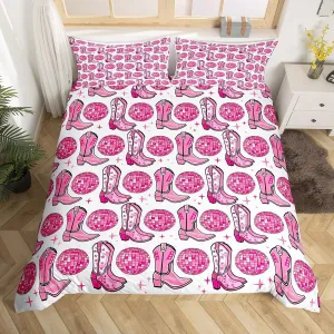 Cowgirl Boots Duvet Cover Set Full Size,Disco Theme Light Ball Print Reversible Quilt Cover with 2 Pillowcases,Pink Shiny Stars Southwest White Breathable Bedding Set (NO Comforter), Soft