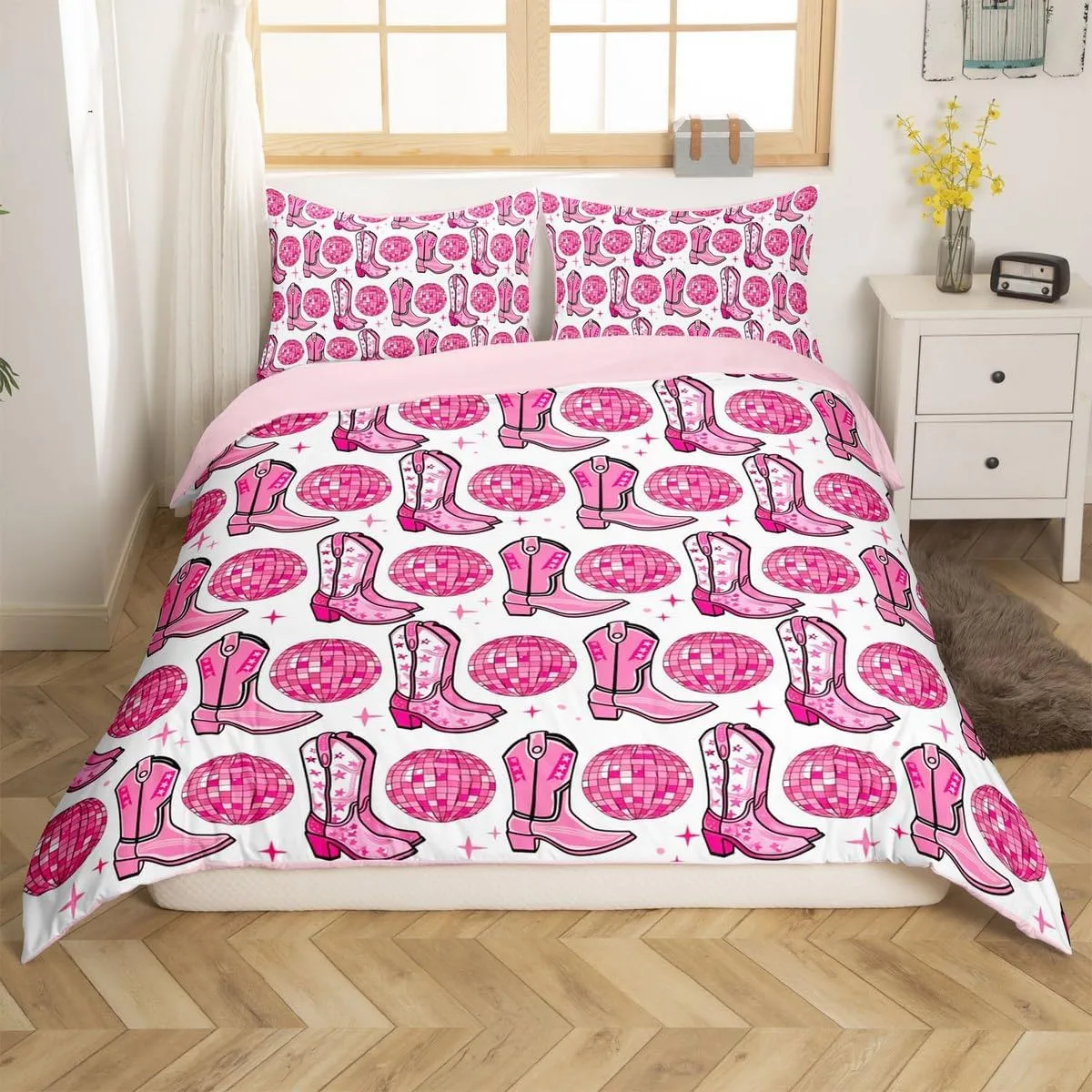 Cowgirl Boots Duvet Cover Set Full Size,Disco Theme Light Ball Print Reversible Quilt Cover with 2 Pillowcases,Pink Shiny Stars Southwest White Breathable Bedding Set (NO Comforter), Soft