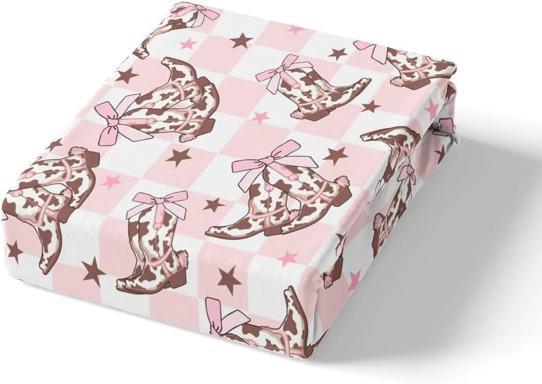 Cowgirl Boots Fitted Sheet Set with 2 Pillowcase,Western Cowboy Rustic Brown Cowhide Starry Microfiber Mattress Cover,Princess Pink Bowknots Checker Plaids Bed Cover Queen Size