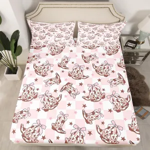 Cowgirl Boots Fitted Sheet Set with 2 Pillowcase,Western Cowboy Rustic Brown Cowhide Starry Microfiber Mattress Cover,Princess Pink Bowknots Checker Plaids Bed Cover Queen Size