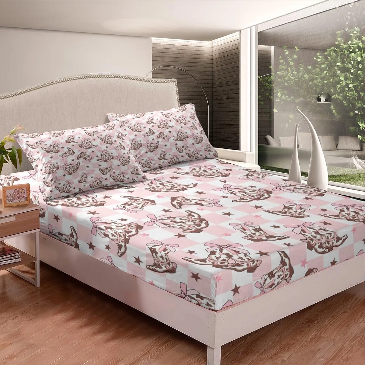 Cowgirl Boots Fitted Sheet Set with 2 Pillowcase,Western Cowboy Rustic Brown Cowhide Starry Microfiber Mattress Cover,Princess Pink Bowknots Checker Plaids Bed Cover Queen Size