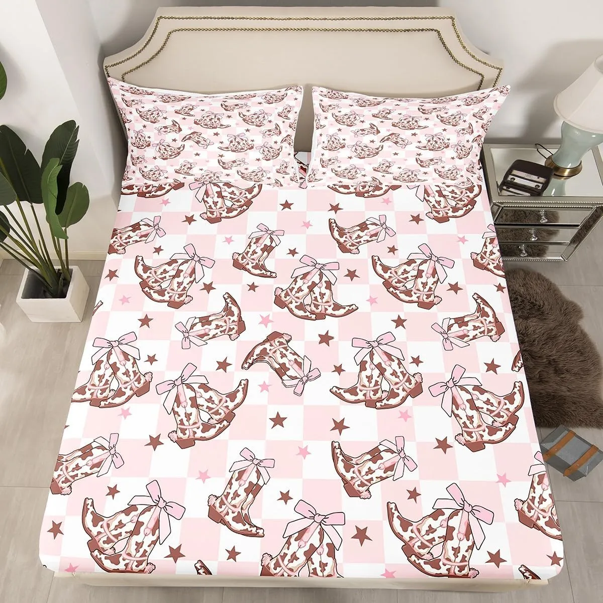 Cowgirl Boots Fitted Sheet Set with 2 Pillowcase,Western Cowboy Rustic Brown Cowhide Starry Microfiber Mattress Cover,Princess Pink Bowknots Checker Plaids Bed Cover Queen Size