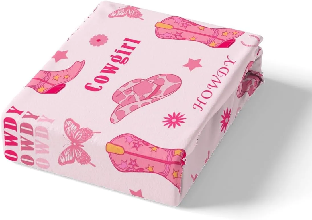 Cowgirl Boots Fitted Sheet,Western Tribal Horseshoe Cap Cowhide Print Soft Decorative Fabric Bedding Pink Butterfly Stars Daisy Flowers Graffiti Pocket Twin Size with 1 Pillowcase