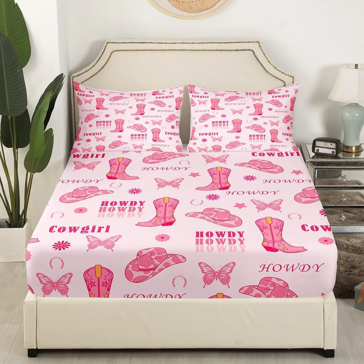 Cowgirl Boots Fitted Sheet,Western Tribal Horseshoe Cap Cowhide Print Soft Decorative Fabric Bedding Pink Butterfly Stars Daisy Flowers Graffiti Pocket Twin Size with 1 Pillowcase