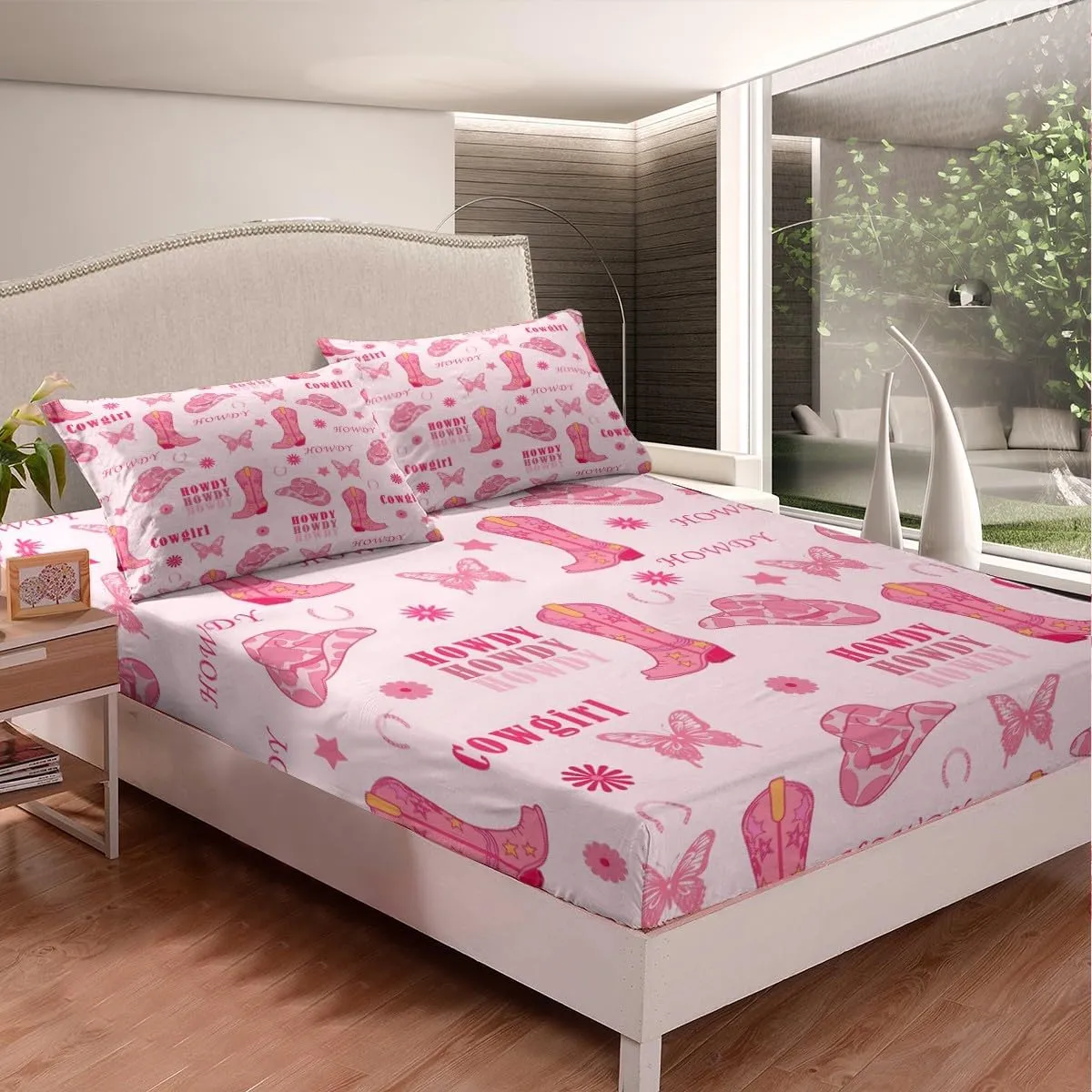 Cowgirl Boots Full Size Fitted Sheet,Western Tribal Horseshoe Cap Cowhide Print 3 Pieces Kids Teenager Room Decor Pink Butterfly Stars Daisy Flowers Graffiti Pocket 2 Pillowcases