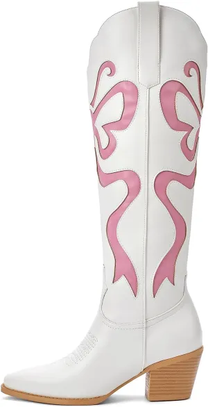 Cowgirl Boots - Womens Cowboy Boots with Colorful Bows Embroidered Western White Knee-High Boots Fashion Pull On Almond Toe Chunky Heel Country Tall Boots