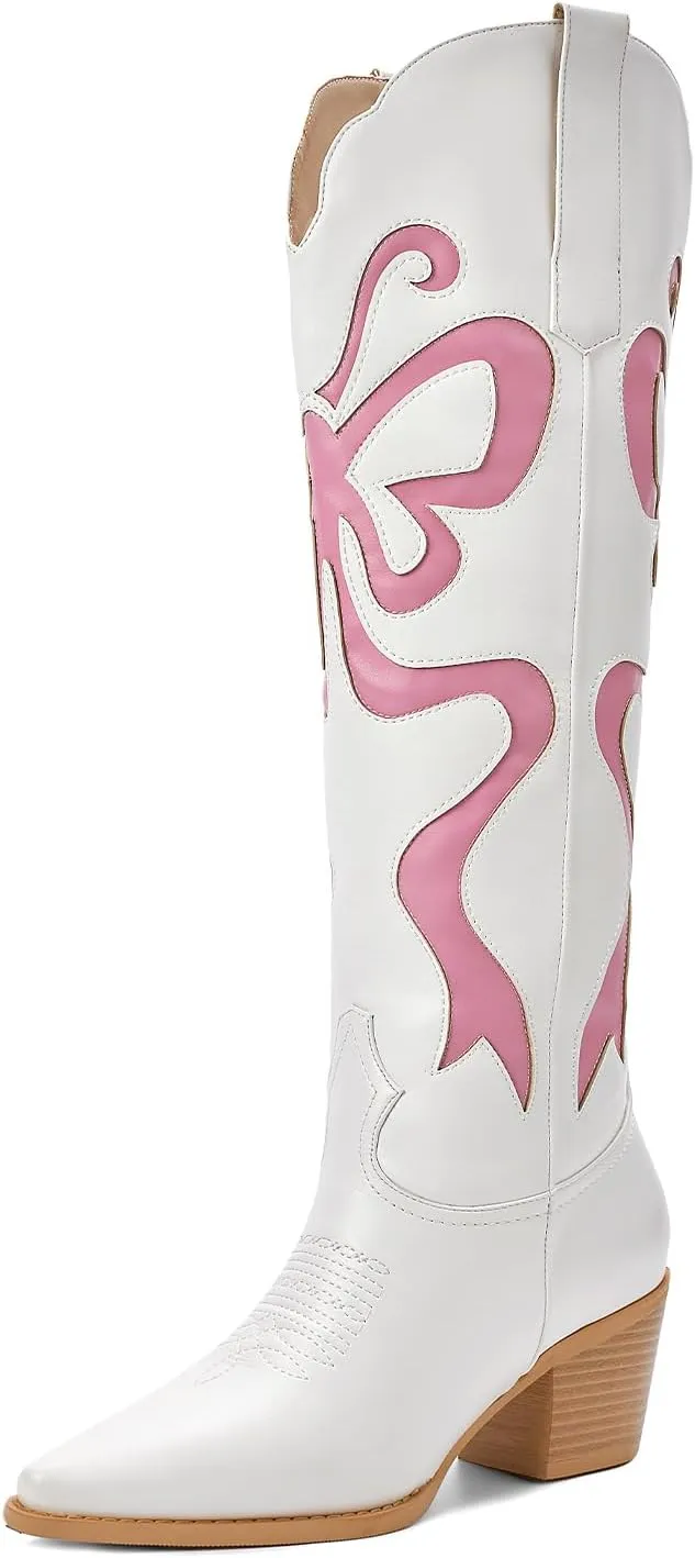 Cowgirl Boots - Womens Cowboy Boots with Colorful Bows Embroidered Western White Knee-High Boots Fashion Pull On Almond Toe Chunky Heel Country Tall Boots