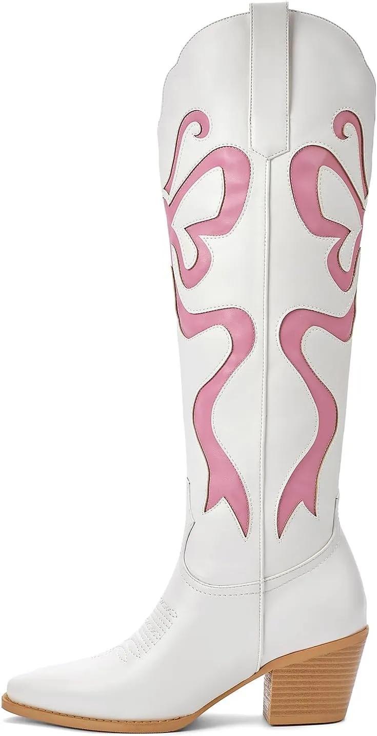 Cowgirl Boots - Womens Cowboy Boots with Colorful Bows Embroidered Western White Knee-High Boots Fashion Pull On Almond Toe Chunky Heel Country Tall Boots