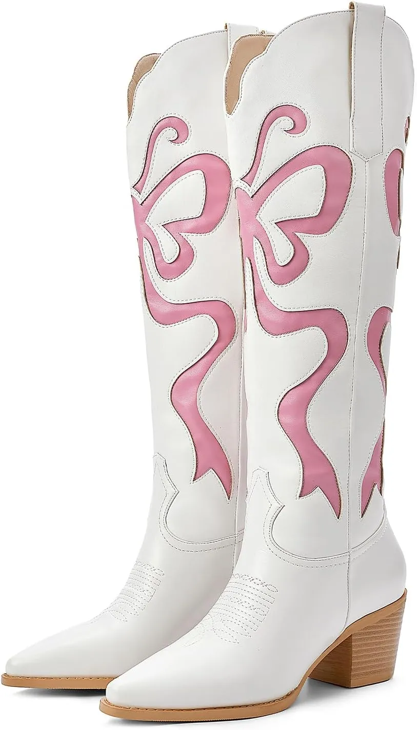 Cowgirl Boots - Womens Cowboy Boots with Colorful Bows Embroidered Western White Knee-High Boots Fashion Pull On Almond Toe Chunky Heel Country Tall Boots