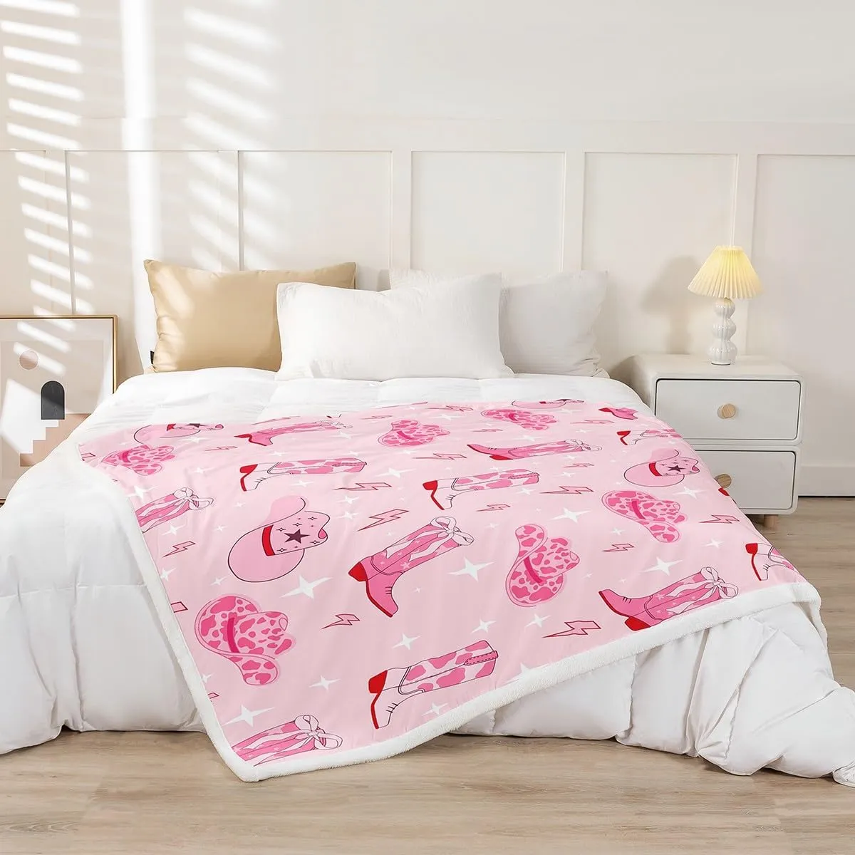 Cowgirl Pink Fleece Blanket,Western Cowgirl Boots Hats Tribal Throw Flannel Blanket for Room Decor,Cartoon Lightning Pink Cowhide Starry Lightweight Blanket for Sofa Couch,Queen 90"x90"