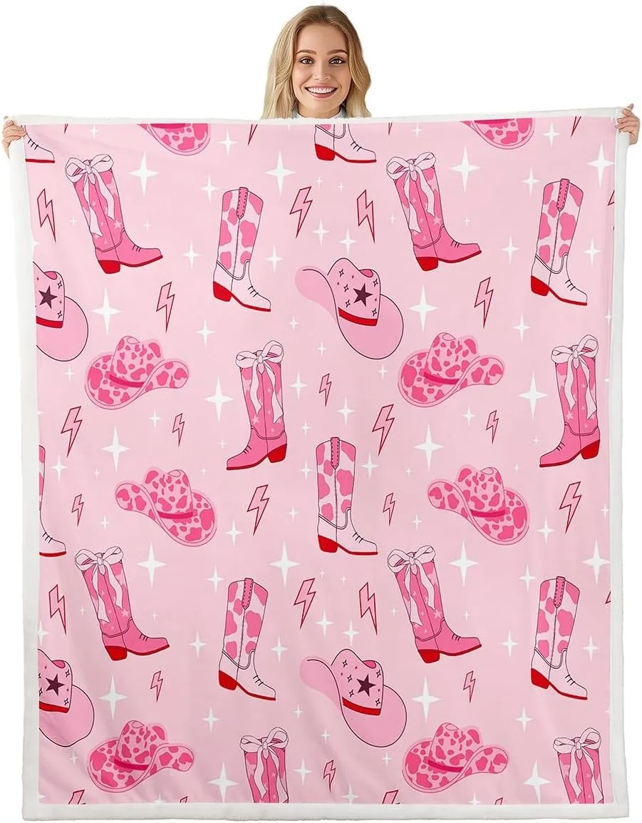 Cowgirl Pink Fleece Blanket,Western Cowgirl Boots Hats Tribal Throw Flannel Blanket for Room Decor,Cartoon Lightning Pink Cowhide Starry Lightweight Blanket for Sofa Couch,Queen 90"x90"