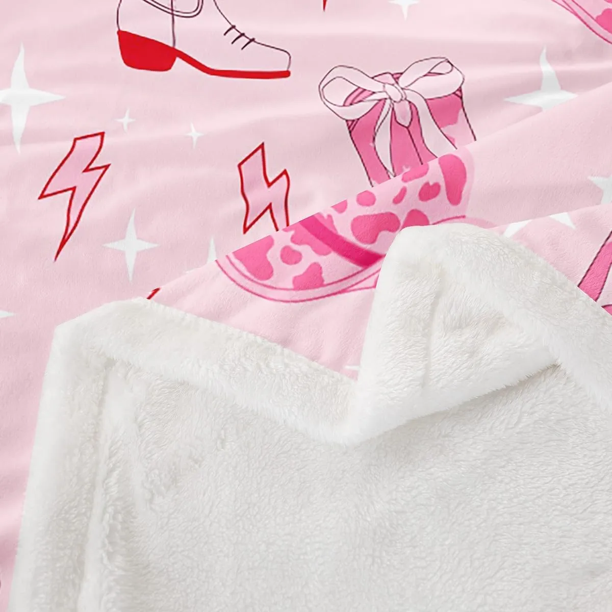 Cowgirl Pink Fleece Blanket,Western Cowgirl Boots Hats Tribal Throw Flannel Blanket for Room Decor,Cartoon Lightning Pink Cowhide Starry Lightweight Blanket for Sofa Couch,Queen 90"x90"