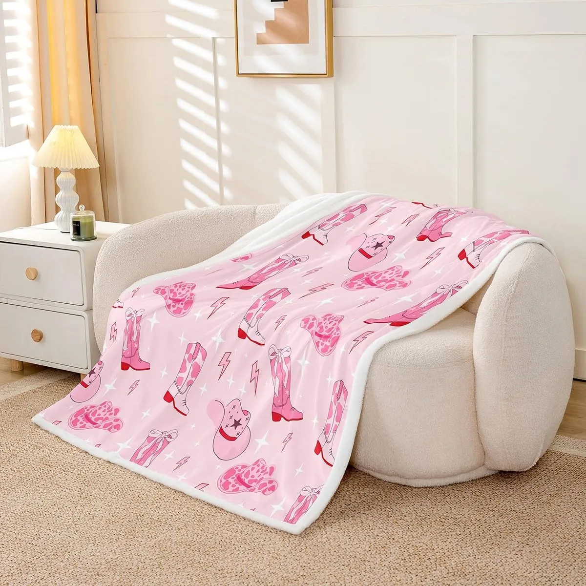 Cowgirl Pink Fleece Blanket,Western Cowgirl Boots Hats Tribal Throw Flannel Blanket for Room Decor,Cartoon Lightning Pink Cowhide Starry Lightweight Blanket for Sofa Couch,Queen 90"x90"