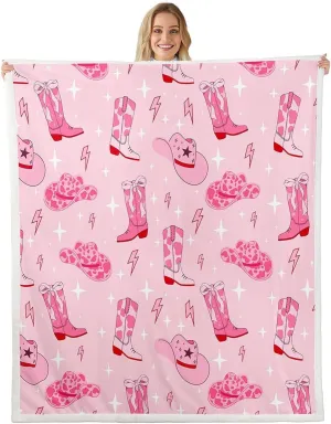 Cowgirl Pink Fleece Blanket,Western Cowgirl Boots Hats Tribal Throw Flannel Blanket for Room Decor,Cartoon Lightning Pink Cowhide Starry Lightweight Blanket for Sofa Couch,Queen 90"x90"