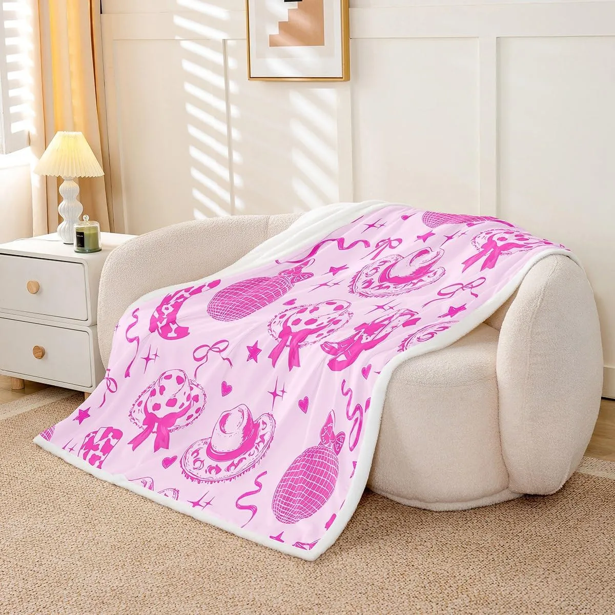 Cowgirl Pink Throw Blanket,Rustic Cowhide Print Western Boots Caps Flannel Blanket for Room Decor,Pink Bow Stars Disco Ball Girly Princess Style Fleece Blanket,Super Soft,Queen 90"x90"