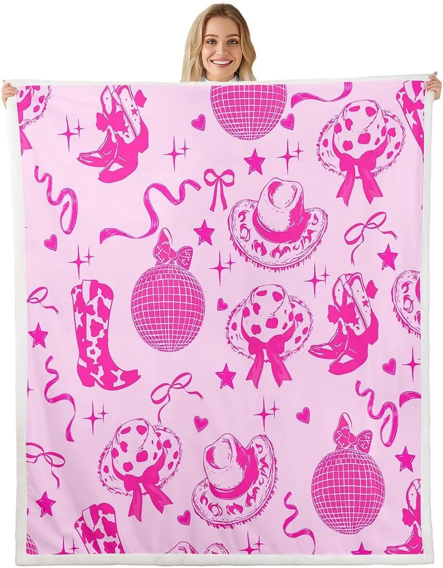 Cowgirl Pink Throw Blanket,Rustic Cowhide Print Western Boots Caps Flannel Blanket for Room Decor,Pink Bow Stars Disco Ball Girly Princess Style Fleece Blanket,Super Soft,Queen 90"x90"