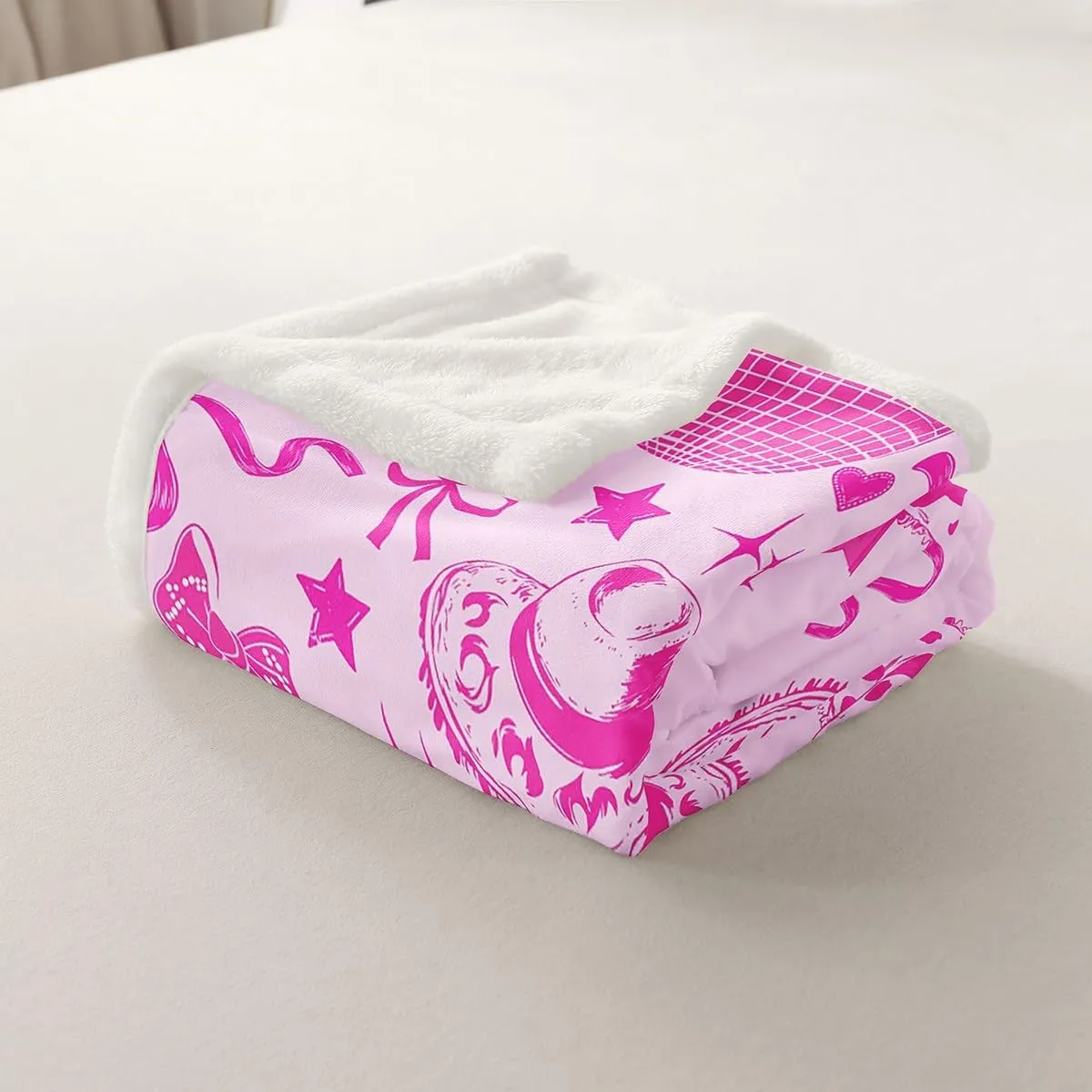 Cowgirl Pink Throw Blanket,Rustic Cowhide Print Western Boots Caps Flannel Blanket for Room Decor,Pink Bow Stars Disco Ball Girly Princess Style Fleece Blanket,Super Soft,Queen 90"x90"