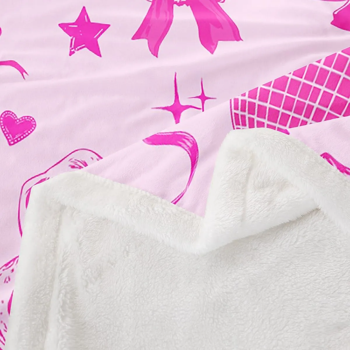 Cowgirl Pink Throw Blanket,Rustic Cowhide Print Western Boots Caps Flannel Blanket for Room Decor,Pink Bow Stars Disco Ball Girly Princess Style Fleece Blanket,Super Soft,Queen 90"x90"